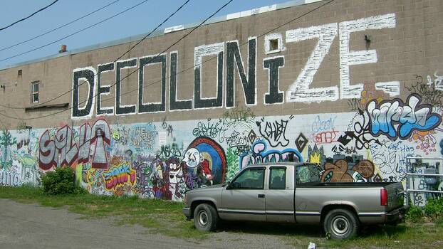 Gore street mural, Decolonize, Sault Ste. Marie, Ontario