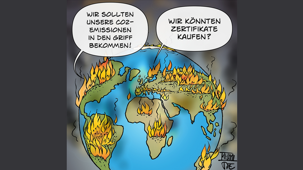 Zeichnung von Erde mit weltweiten Bränden und zwei Sprechblasen auf unterschiedlichen Kontinenten: "Wir sollten unsere CO2-Emissionen in den Griff bekommen." - "Wir könnten Zertifikate kaufen?"