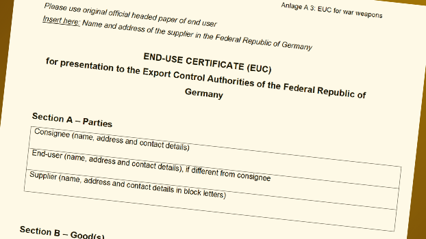 Ausschnitt einer Endverbleibserklärung (EUC for war weapons)